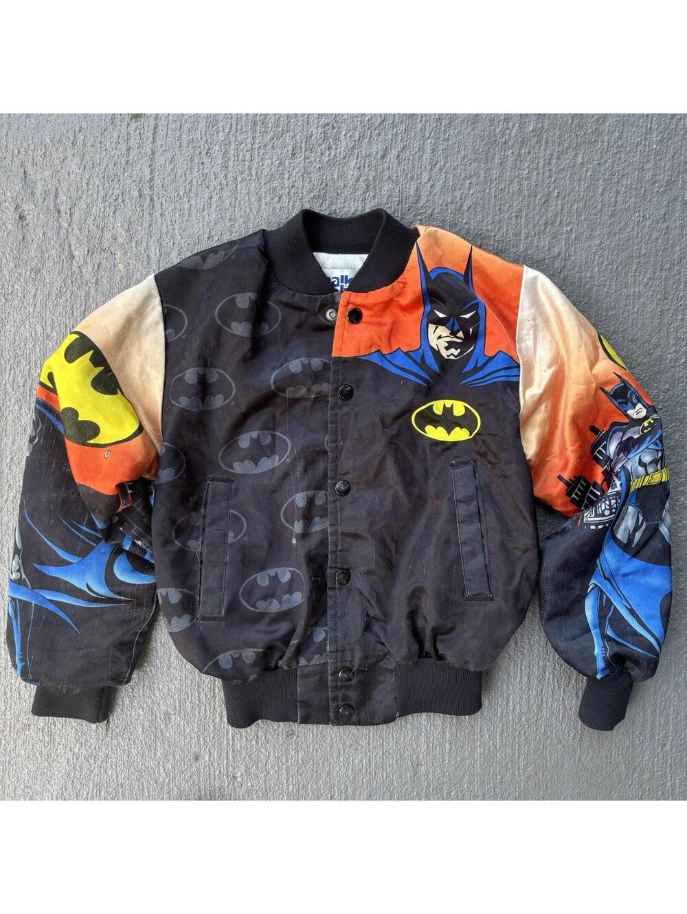 Vintage 90s Batman Chalk Line Satin Bomber Jacket AOP YOUTH medium 10-12 FLAWED